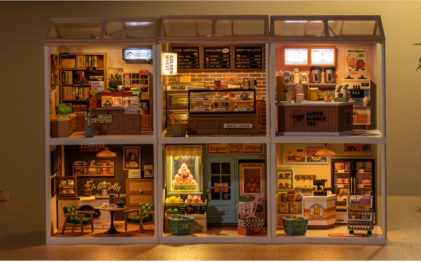 DW005 Robotime Rolife - Rompecabezas de plástico 3D, modelo de panadería de trigo dorado, kit de bricolaje, casa en miniatura con luz