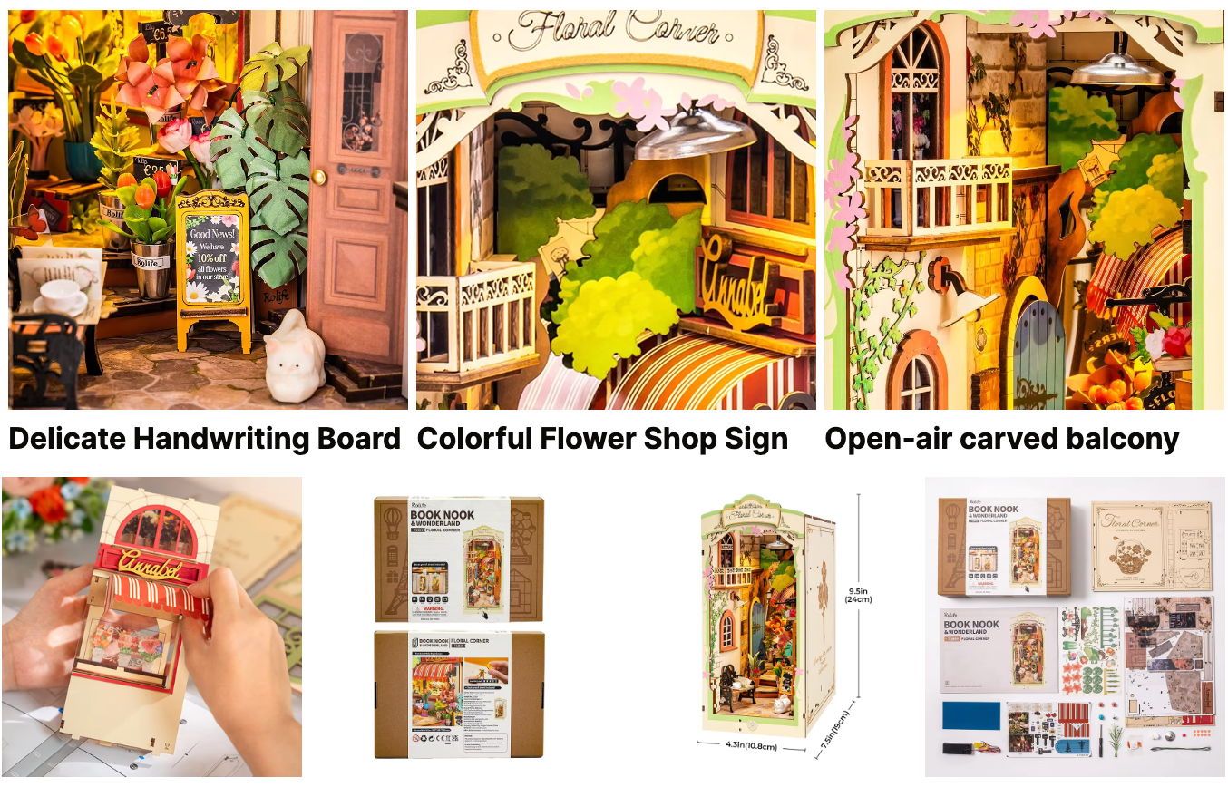 Rompecabezas de madera 3D Rolife de Robotime TGB09, rincón de libros con motivos florales, regalos de Navidad para niños, casa en miniatura para armar
