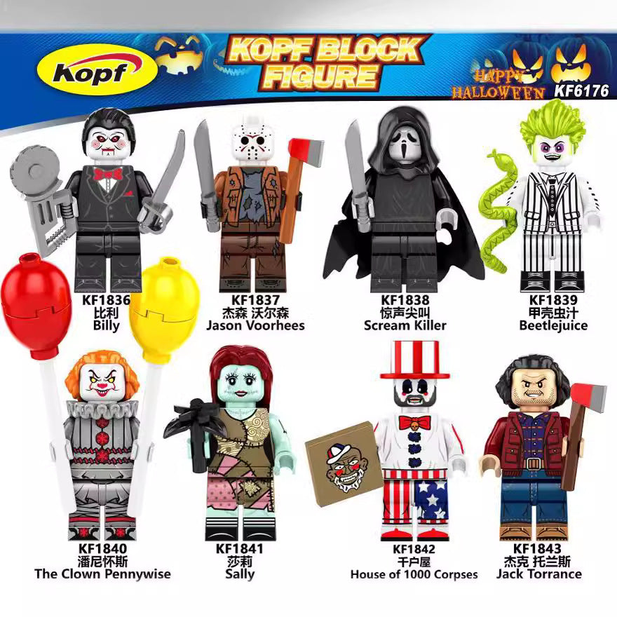 KF6173  KF6175 KF6176  Hot LEGO Halloween Horror Movie Freddy Beetlejuice Jason Jack Killer Sally Elvira Head Collect Building Blocks Kids Mini Toys