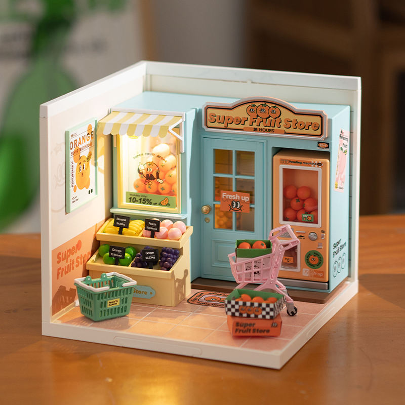 DW003 Robotime Rolife Fruit Store - Bloques coleccionables, juguetes de construcción de modelos, rompecabezas de plástico 3D, kit de casa en miniatura para bricolaje