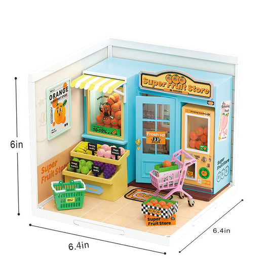 DW003 Robotime Rolife Fruit Store - Bloques coleccionables, juguetes de construcción de modelos, rompecabezas de plástico 3D, kit de casa en miniatura para bricolaje