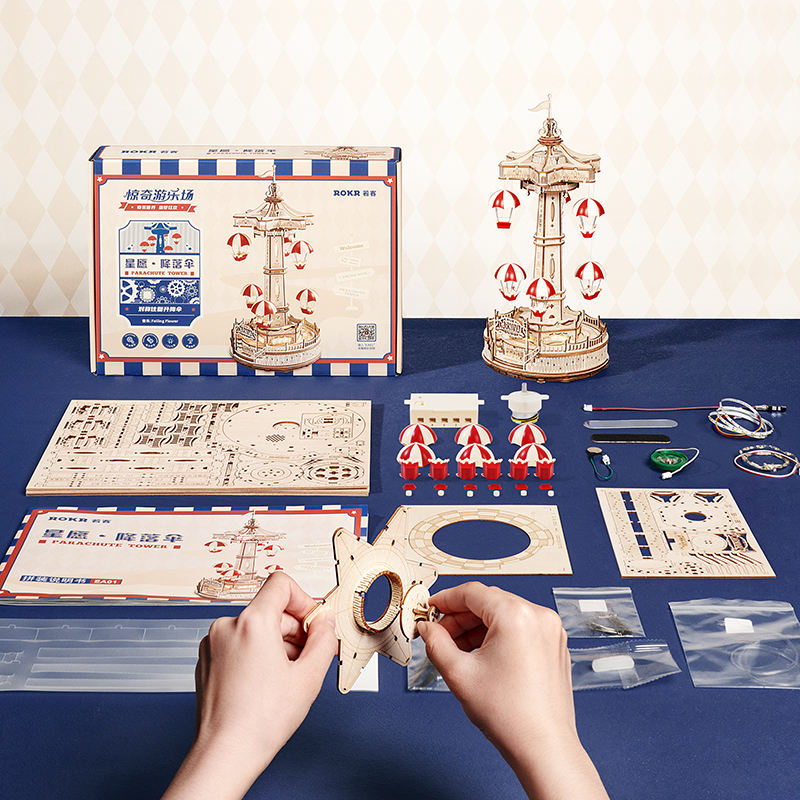 Robotime Rokr DIY Assemble Miniature Toys Music Box EA01 Kits de modelos de torre de paracaídas Rompecabezas 3D de madera para adultos