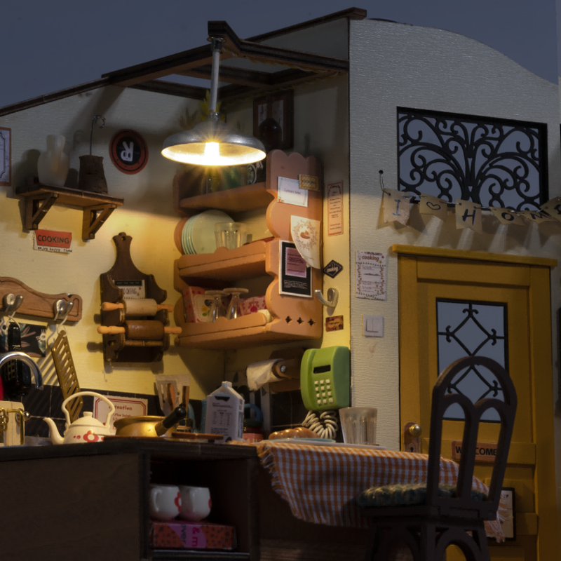 Kit de rompecabezas hecho a mano Robotime Rolife DG159 Casa de muñecas en miniatura de madera 3D de bricolaje con cocina acogedora 