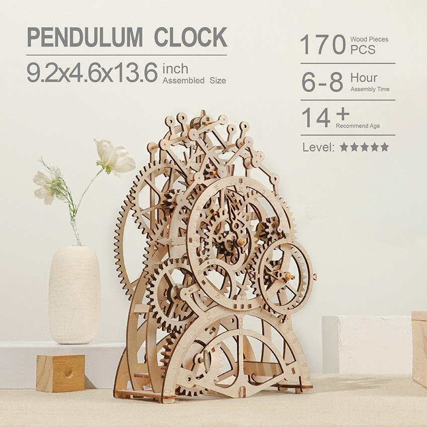 Reloj de péndulo mecánico modelo 3D de madera con certificación CPC Robotime Rokr, juguetes educativos LK501