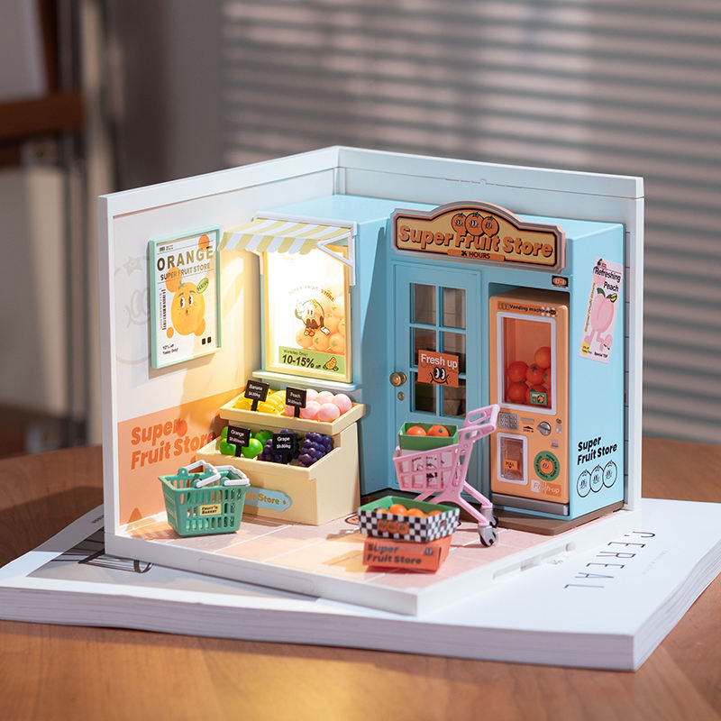 DW003 Robotime Rolife Fruit Store - Bloques coleccionables, juguetes de construcción de modelos, rompecabezas de plástico 3D, kit de casa en miniatura para bricolaje