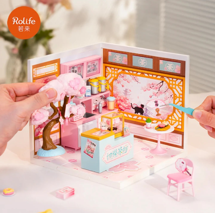 DWZ02 Casa de té Sakura Robotime Rolife Kit de casa en miniatura de plástico para hacer tú mismo Juego de construcción de casa de muñecas de plástico Juguete