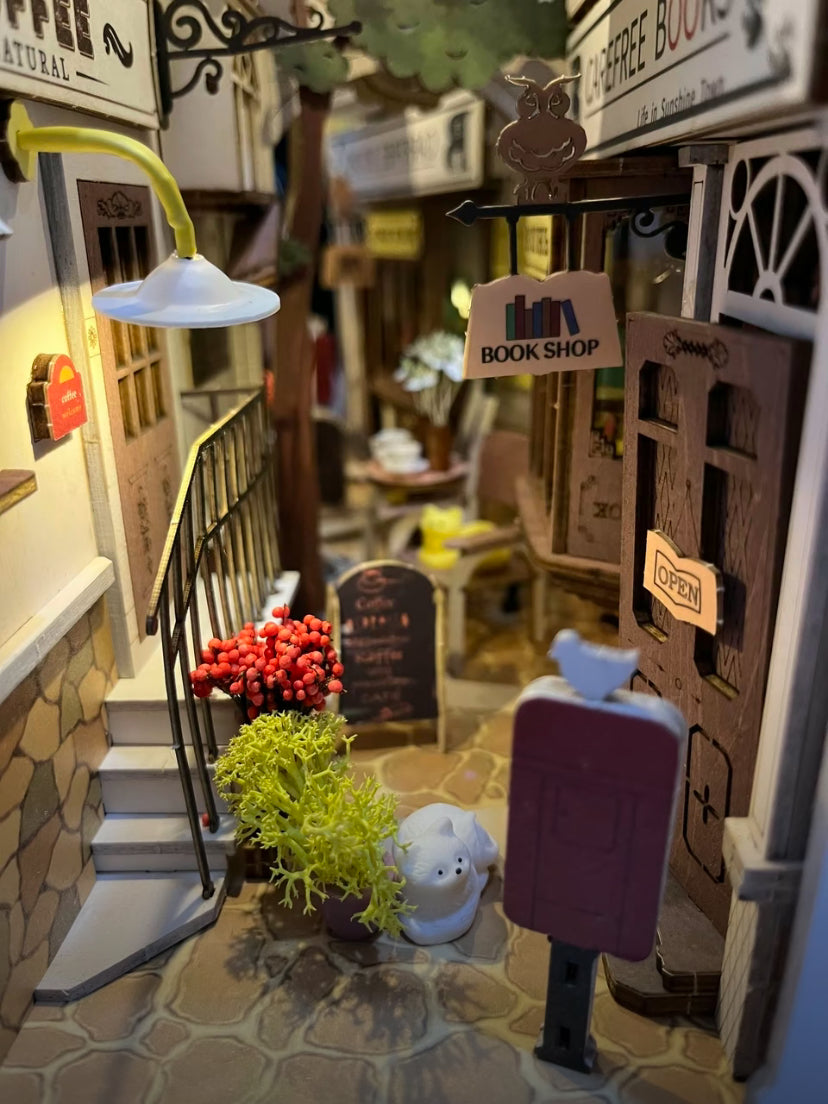 Juguetes para armar Robotime Rolife, rompecabezas de madera en 3D TGB02 Sunshine Town Book Nook, casa en miniatura para armar