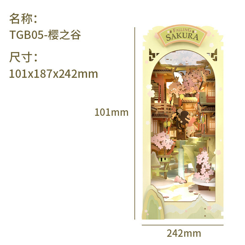 Robotime Rolife Contacto Obtenga un 25% de descuento en rompecabezas de madera 3D TGB05 Falling Sakura Book Nook Casa de muñecas en miniatura para bricolaje