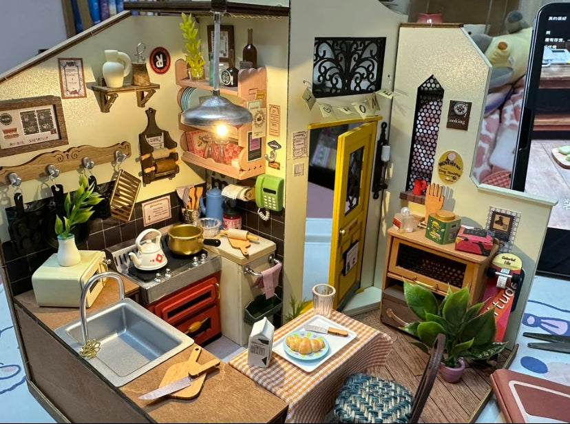 Kit de rompecabezas hecho a mano Robotime Rolife DG159 Casa de muñecas en miniatura de madera 3D de bricolaje con cocina acogedora 