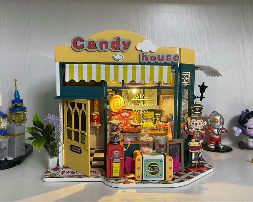 Kit de rompecabezas hecho a mano DG158 Casa de dulces arcoíris Casa de muñecas en miniatura de madera 3D para hacer tú mismo