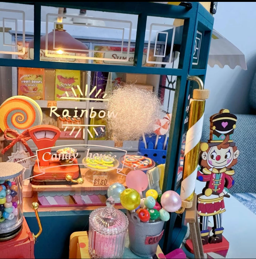Kit de rompecabezas hecho a mano DG158 Casa de dulces arcoíris Casa de muñecas en miniatura de madera 3D para hacer tú mismo