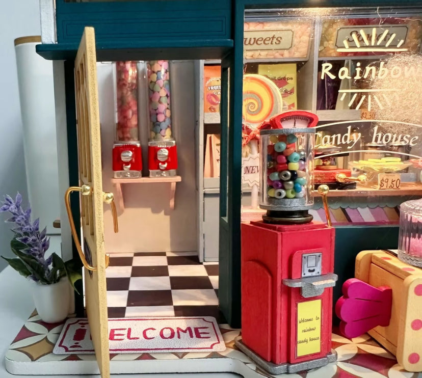 Kit de rompecabezas hecho a mano DG158 Casa de dulces arcoíris Casa de muñecas en miniatura de madera 3D para hacer tú mismo