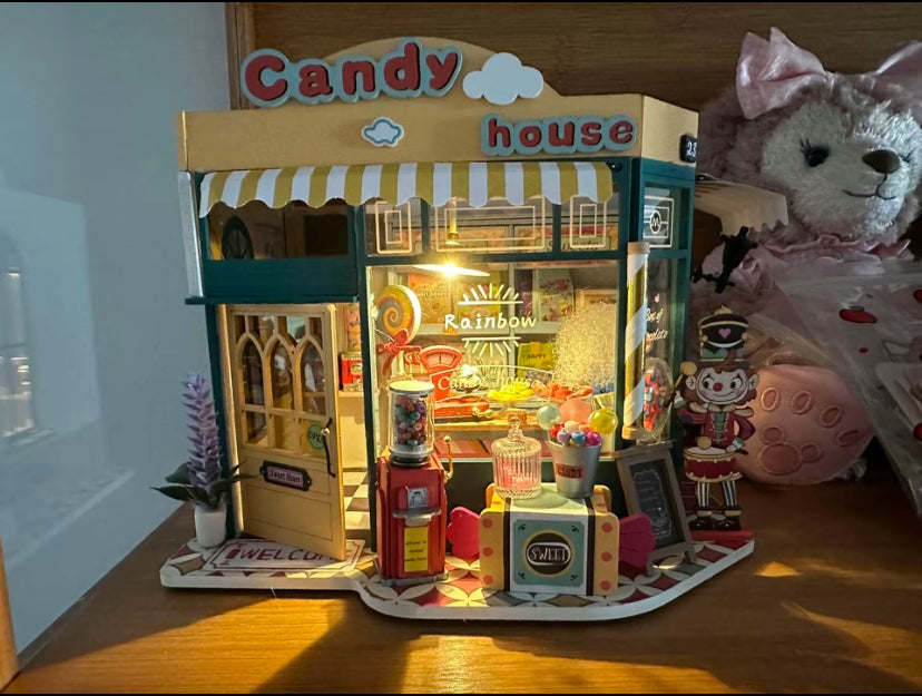 Kit de rompecabezas hecho a mano DG158 Casa de dulces arcoíris Casa de muñecas en miniatura de madera 3D para hacer tú mismo