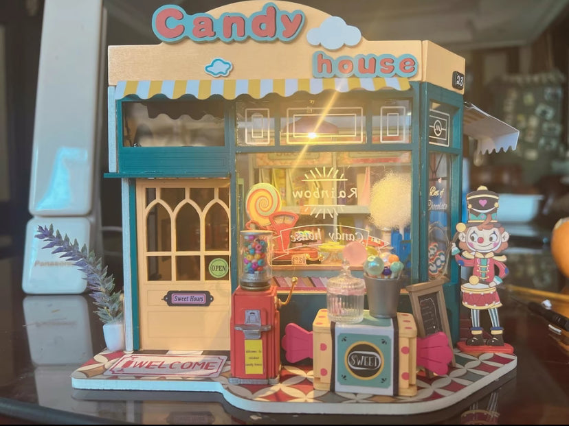 Kit de rompecabezas hecho a mano DG158 Casa de dulces arcoíris Casa de muñecas en miniatura de madera 3D para hacer tú mismo