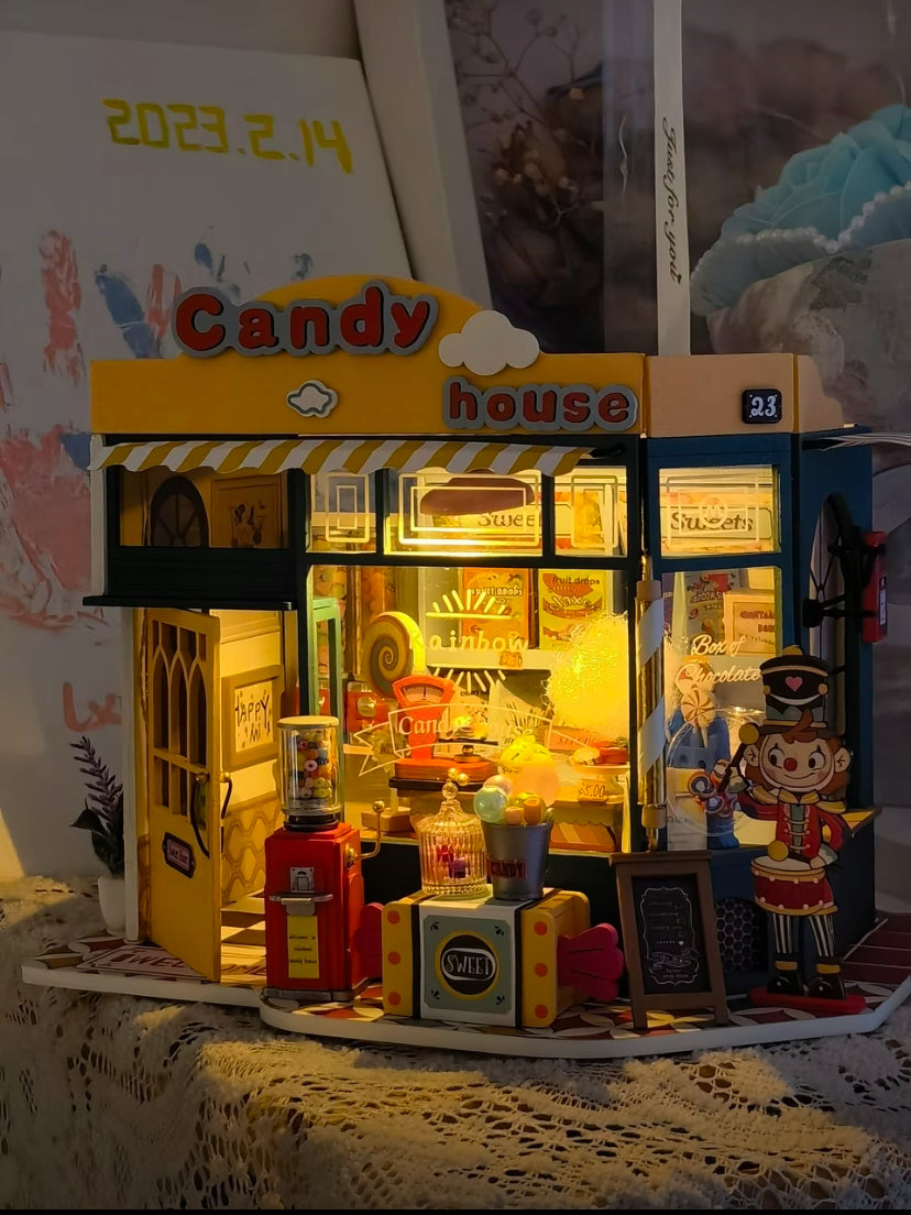 Kit de rompecabezas hecho a mano DG158 Casa de dulces arcoíris Casa de muñecas en miniatura de madera 3D para hacer tú mismo