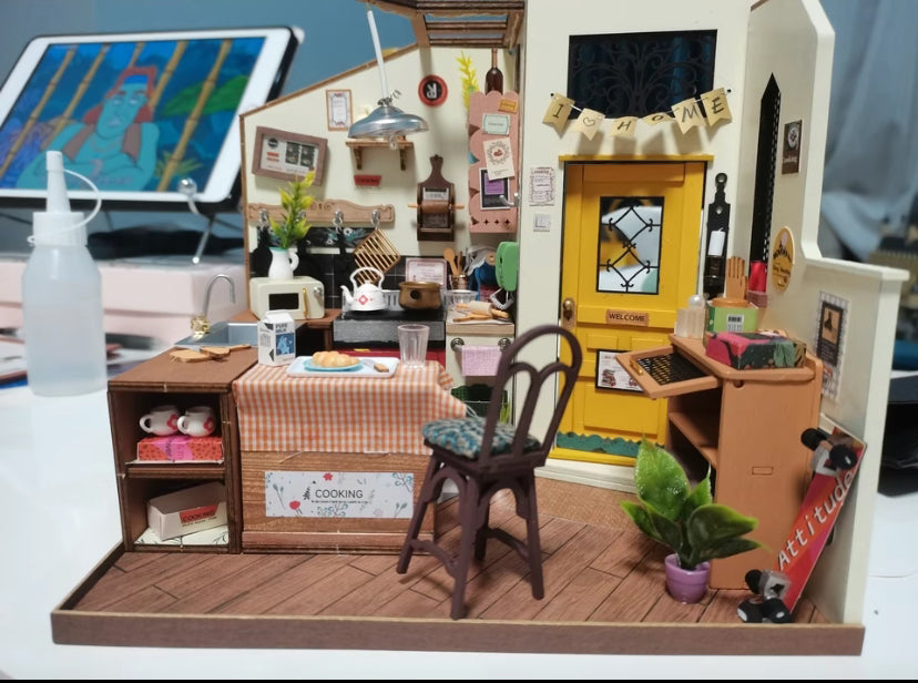 Kit de rompecabezas hecho a mano Robotime Rolife DG159 Casa de muñecas en miniatura de madera 3D de bricolaje con cocina acogedora 