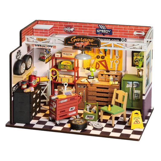 Robotime Rolife Garage Atelier avec Lumière LED Maison de Poupée Miniature Kit Maison DIY Mini Décoratif Artisanat en Bois Cadeaux pour Enfants