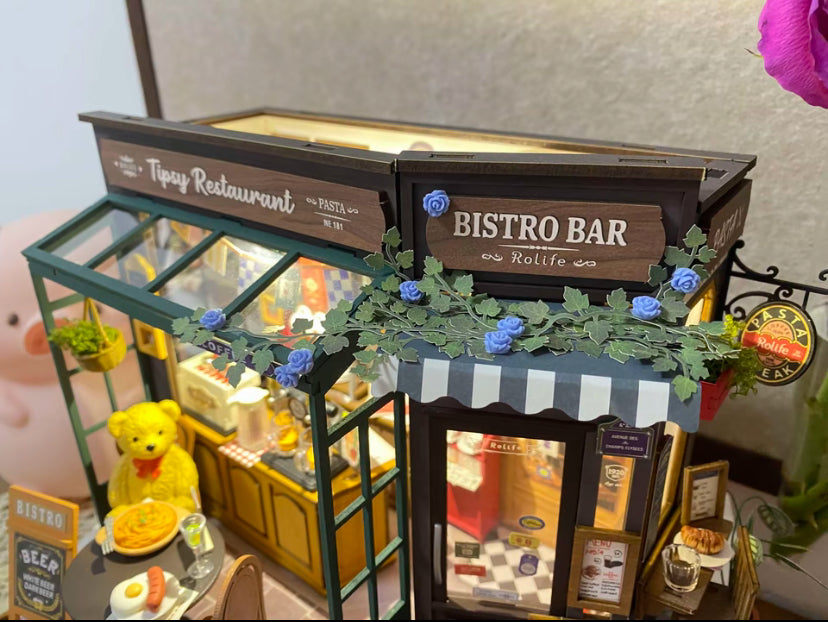 Restaurante en miniatura Robotime Rolife Tipsy, casa de muñecas en 3D, rompecabezas de madera, diseño de bar de bistró, regalos para la decoración del hogar familiar, juguetes