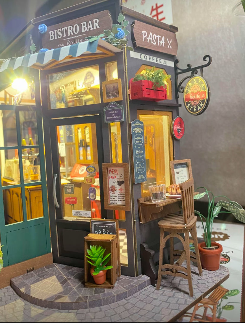 Restaurante en miniatura Robotime Rolife Tipsy, casa de muñecas en 3D, rompecabezas de madera, diseño de bar de bistró, regalos para la decoración del hogar familiar, juguetes