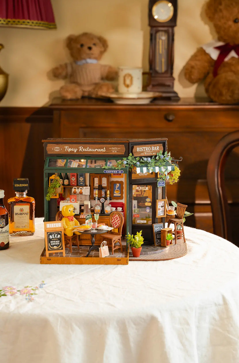 Restaurante en miniatura Robotime Rolife Tipsy, casa de muñecas en 3D, rompecabezas de madera, diseño de bar de bistró, regalos para la decoración del hogar familiar, juguetes