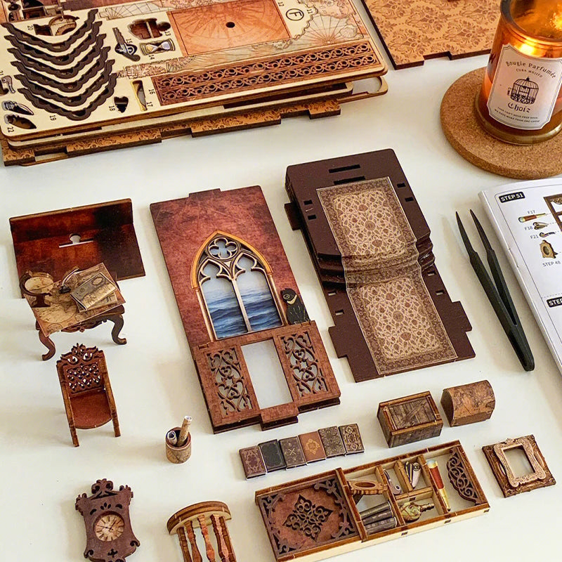 Cutebee DIY Miniature House Book Nook Bookshelf Insert Dollhouse Model Roombox Building Kit Wooden Bookshelf Toys Bookend Gifts