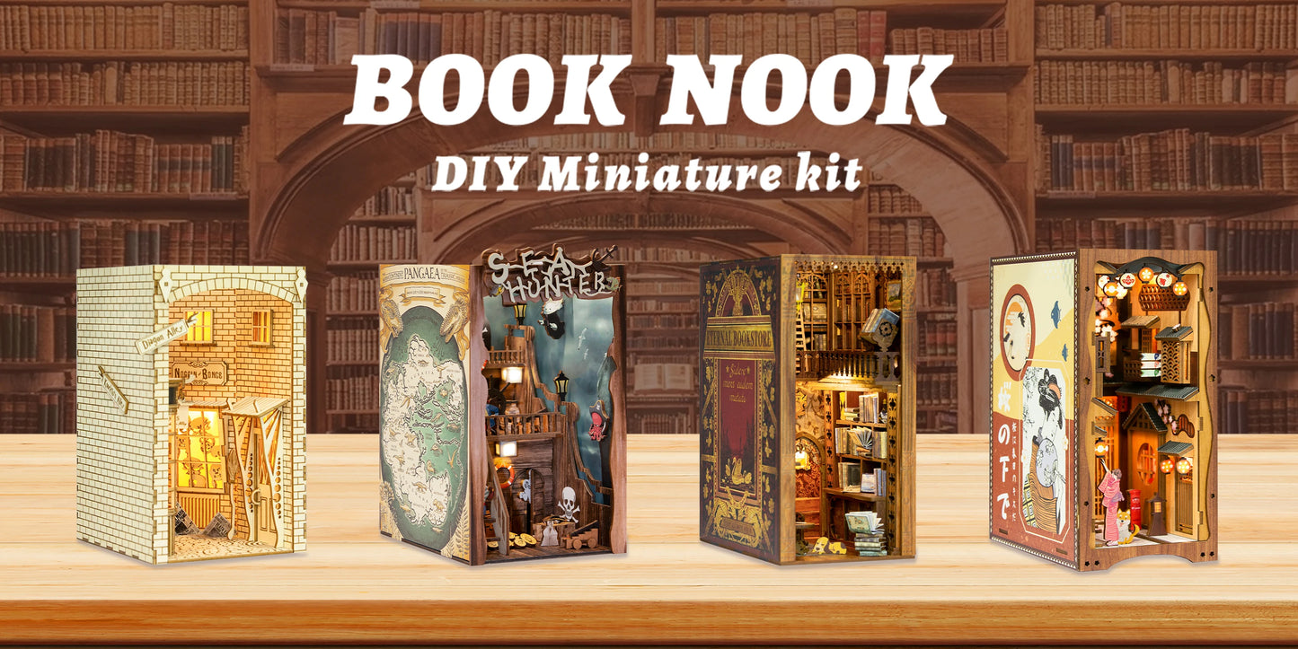 Cutebee Diy Book Nook Sea Hunter Miniature House Sakura Booknook Library Bookend Dollhouse Wooden Building Model for Kid Gift